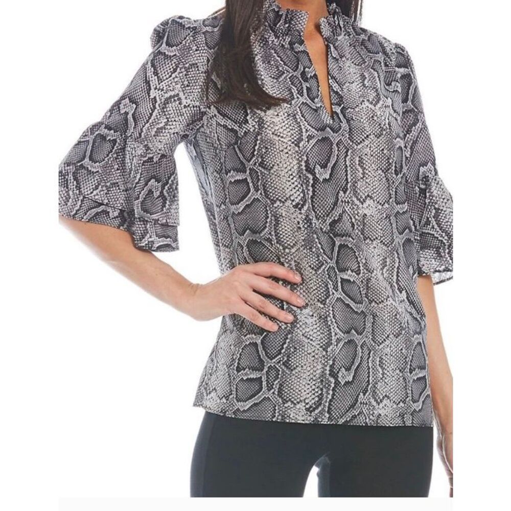 Michael Kors, women’s snake, print, ruffle, trim, V-neck top small